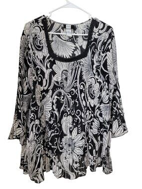 Studio 1940 Size 14/16 Black & White Accordion Pleat Floral Pattern Blouse